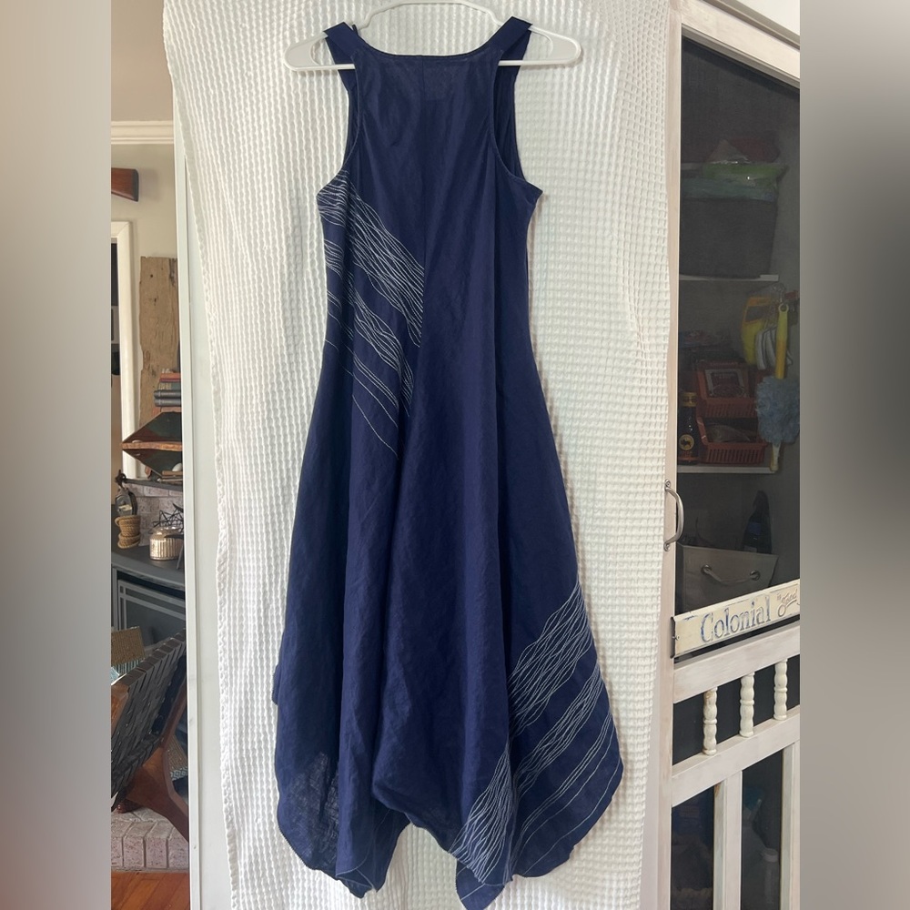 EILEEN FISHER MIDNIGHT HANDKERCHIEF 100% IRISH LINEN DRESS SZ SMALL LINED EUC - Picture 2 of 14